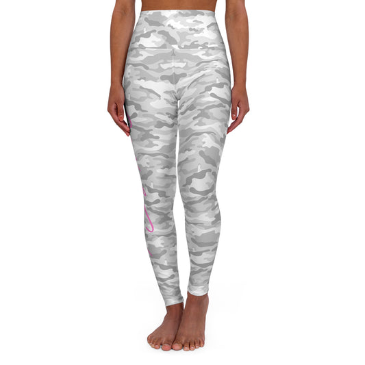 Classic Design High Waisted Yoga Leggings. Grey Camo with Pink Design