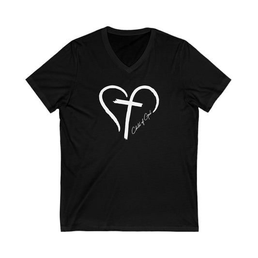Herz und Kreuz Unisex Jersey Kurzarm-T-Shirt mit V-Ausschnitt