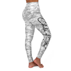 Classic Design High Waisted Yoga Leggings. Grey Camo with Black Design