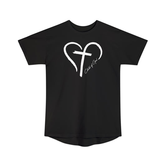Camiseta urbana unissex de corpo longo coração e cruz